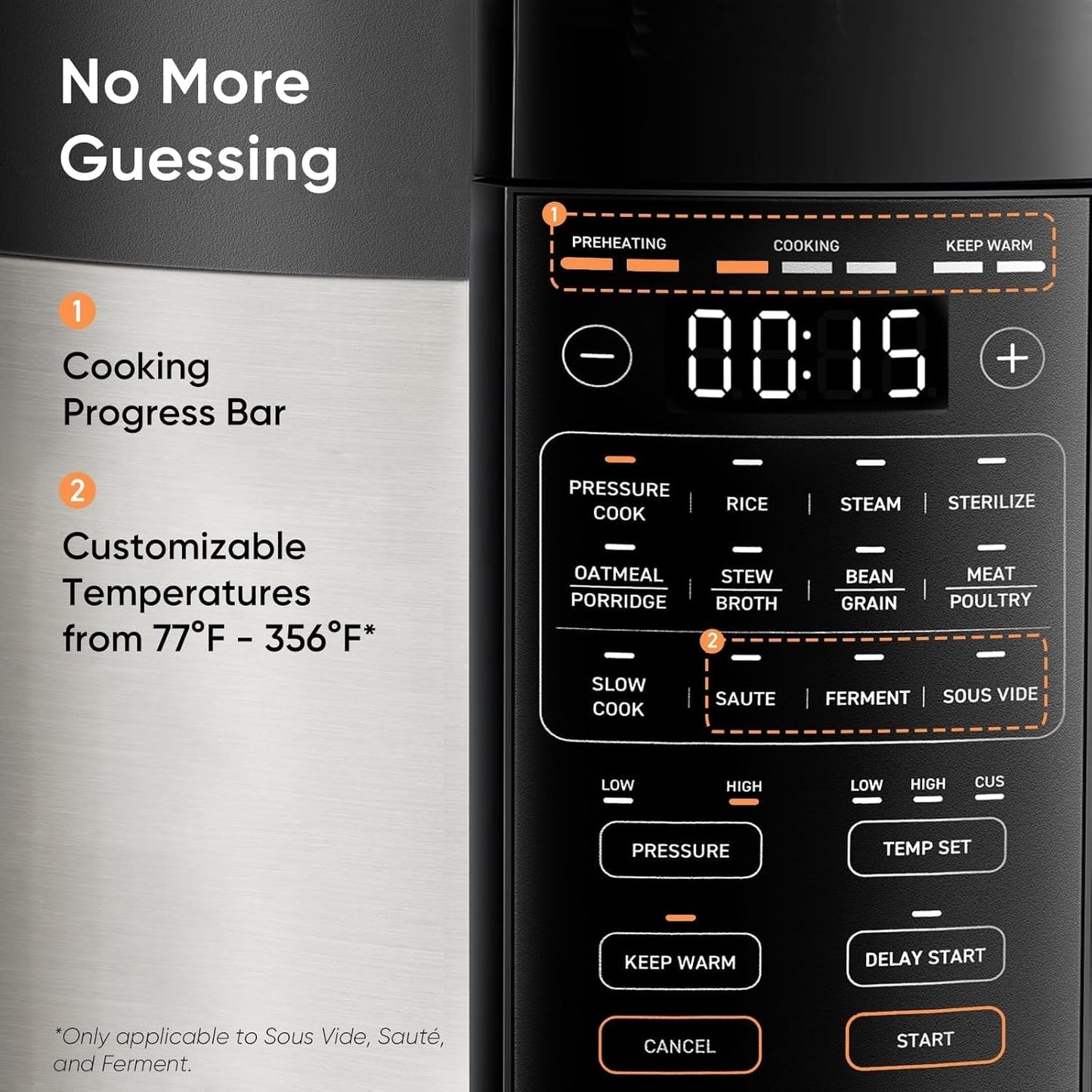 Pressure Cooker 6 qt, 9-in-1 Instant Multi Kitchen Appliances, Safer Venting Design, Rice Cooker, Slow Cooking Pot, Sous Vide, Saute Pot, 1100W, Stainless Steel