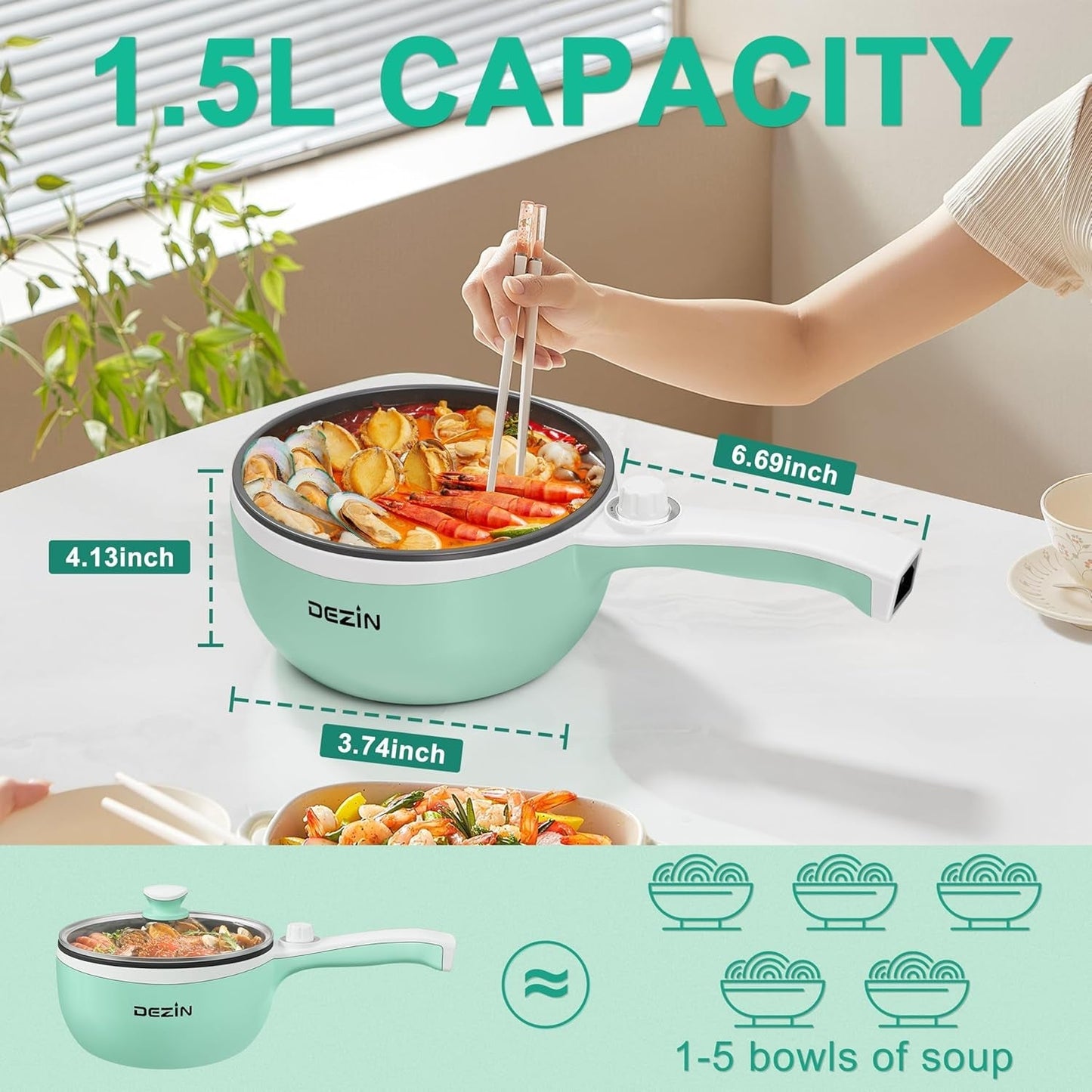 Hot Pot Electric Upgraded, Non-Stick Sauté Pan, Rapid Noodles Electric Pot, 1.5L Mini Portable Hot Pot for Steak, Egg, Fried Rice, Ramen, Oatmeal, Soup with Power Adjustment