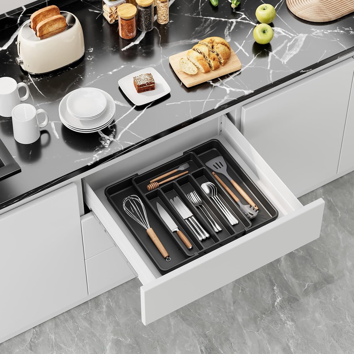 Silverware Organizer - Expandable Kitchen Drawer Organizer, Adjustable Utensil Organizer, Cutlery Tray for Forks, Knives, Multipurpose Kitchen Organizers and Storage Solution, Black, Medium
