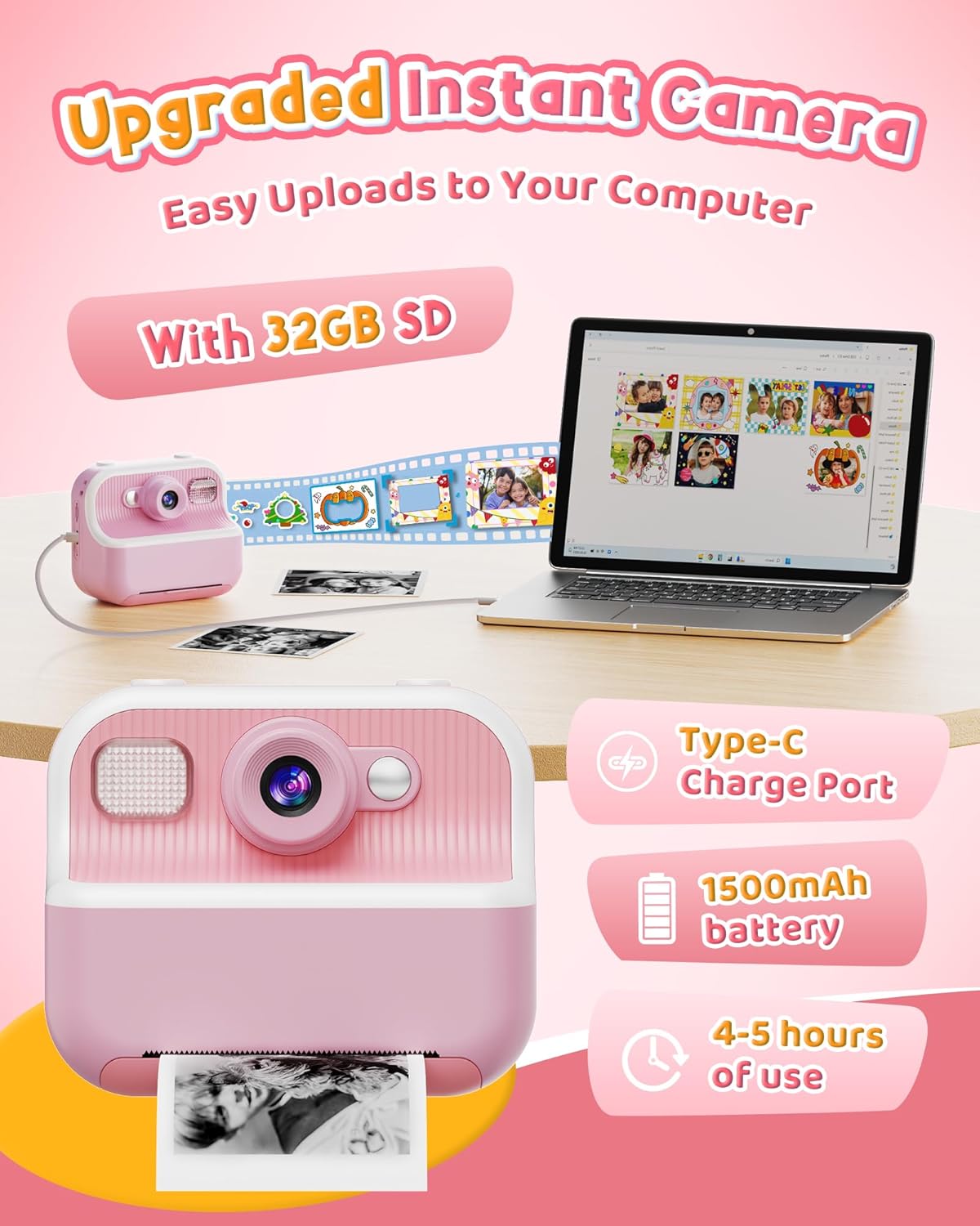 Instant Camera, Front Rear Dual Selfie Kids Camera with 1080P Videos, Holiday Birthday Gifts for Kids Age 3-12, Toddler Portable Travel Print Digital Camera Toy for 4 5 6 7 8 9 Year Boys Girls