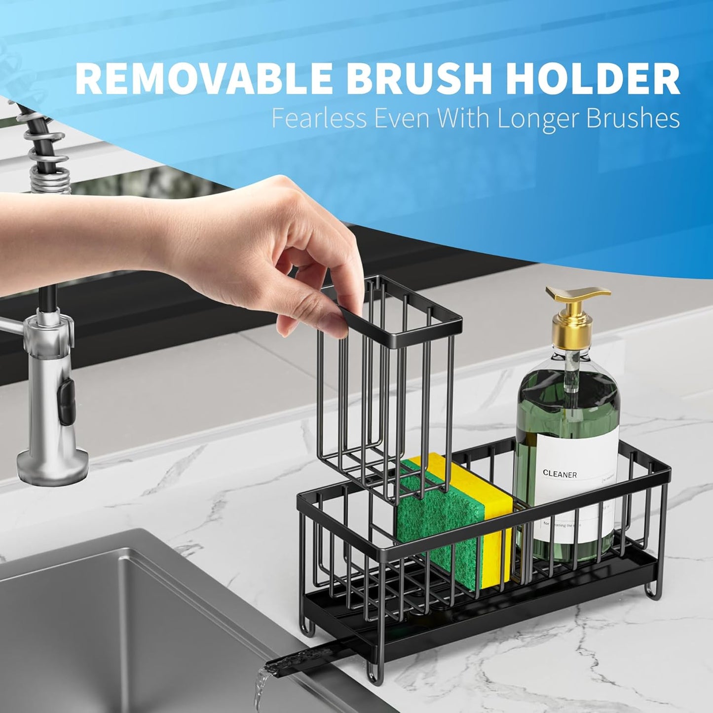 Cisily Black Sponge Holder for Kitchen Sink, Sink Caddy Organizer