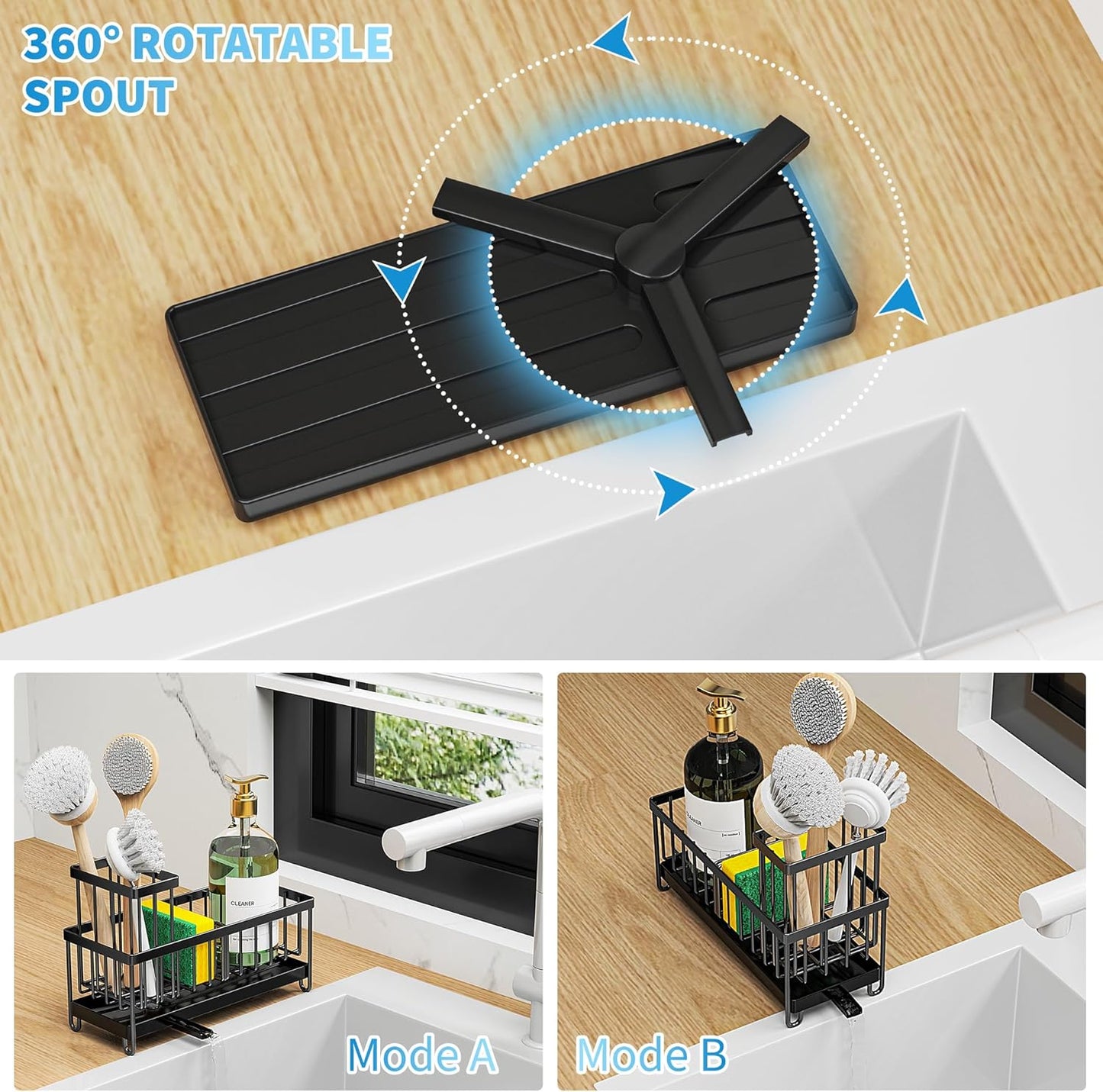 Cisily Black Sponge Holder for Kitchen Sink, Sink Caddy Organizer