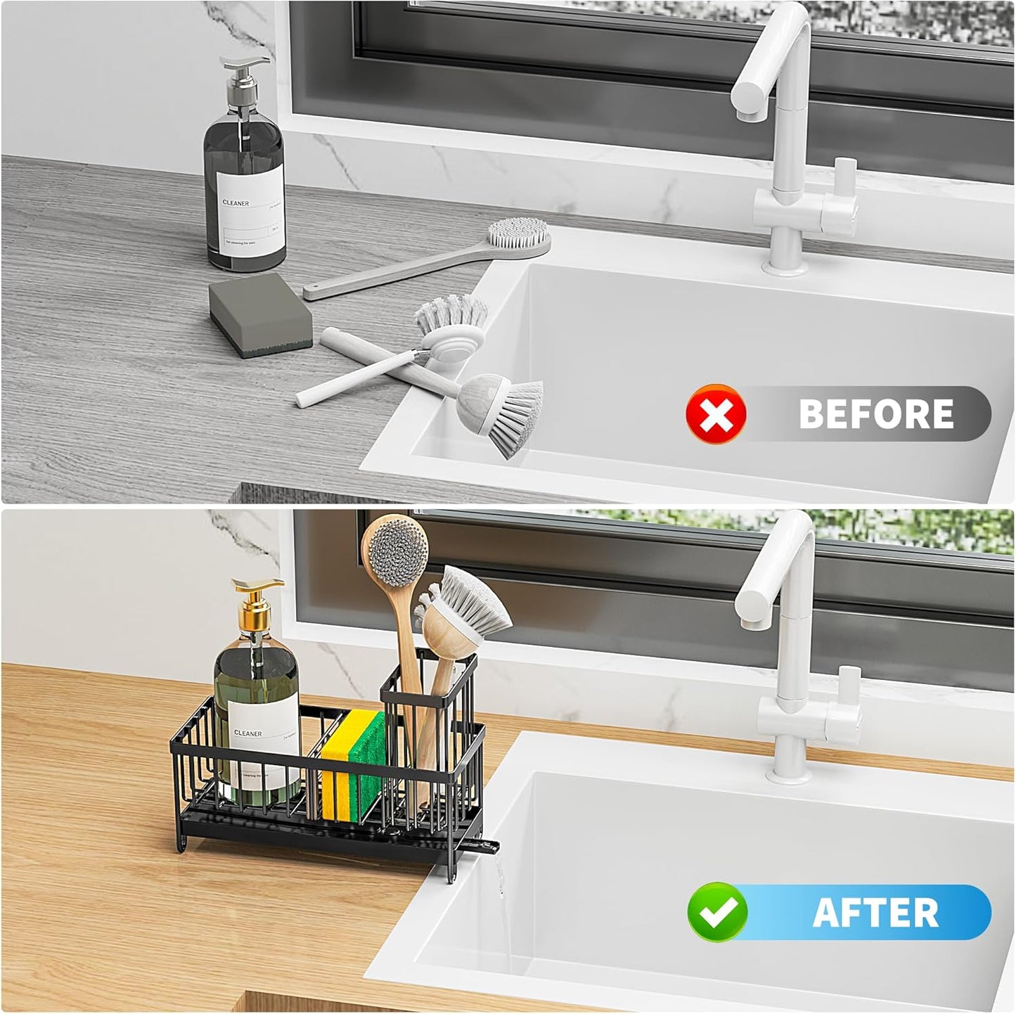Cisily Black Sponge Holder for Kitchen Sink, Sink Caddy Organizer