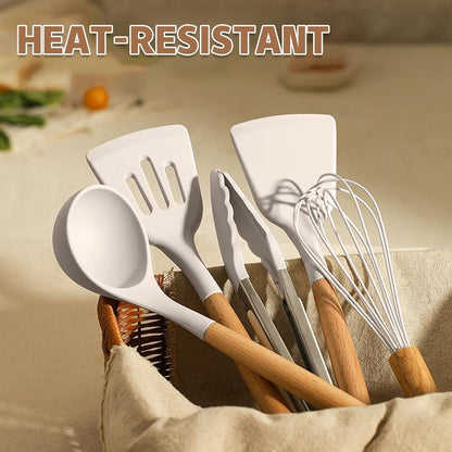 Kitchen Cooking Utensils Set, 33 pcs Non-Stick Silicone Cooking Kitchen Utensils Spatula Set with Holder, Wooden Handle Silicone Kitchen Gadgets Utensil Set (Khaki)