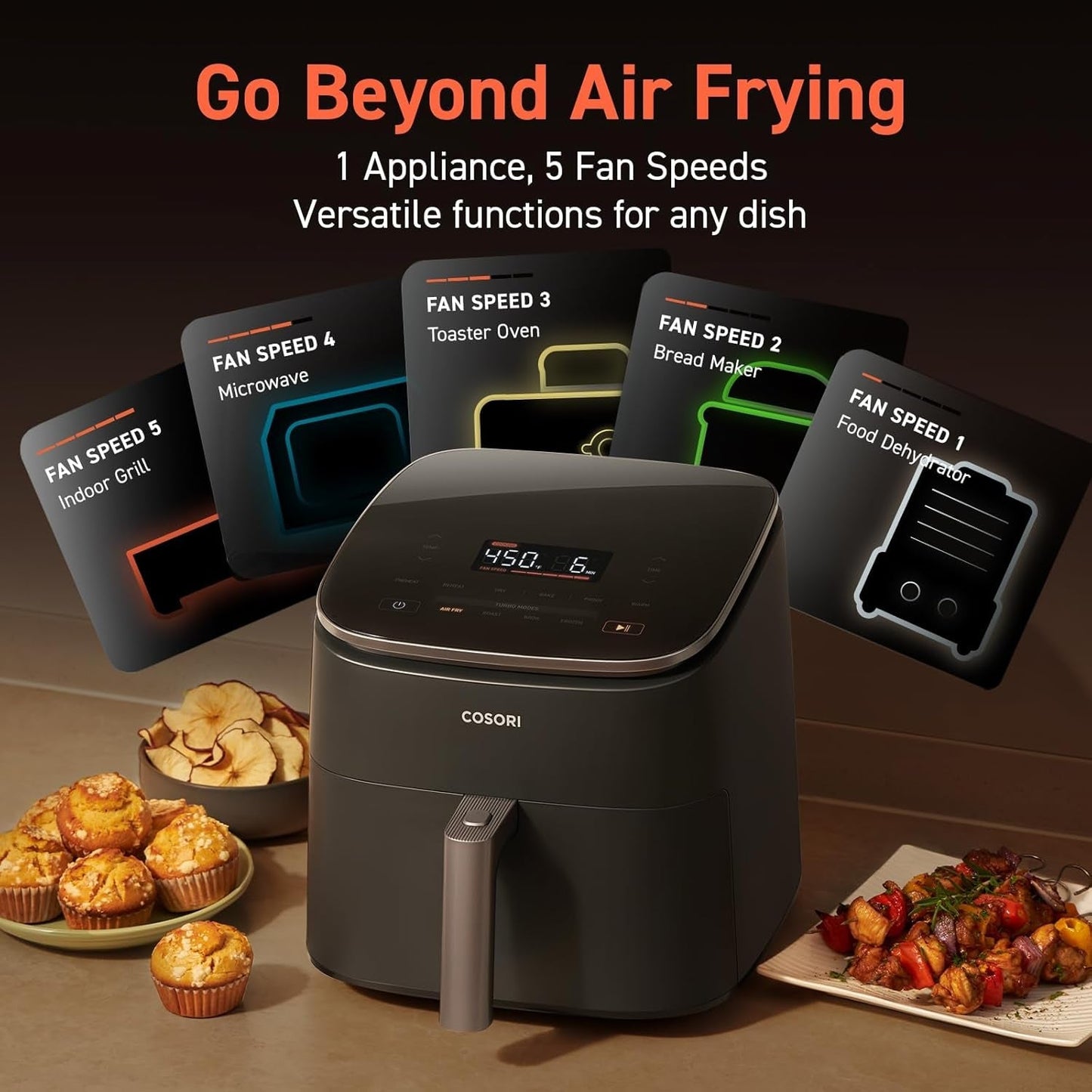 Air Fryer 9-in-1, Compact & Large 6-Qt, Fast Turbo Modes, 90–450°F Precise Heat for Even Results, Up to 95% Less Oil*, Roast, Bake, Dry, Reheat, Frozen, Broil, Proof, 120V, TurboBlaze, Ceramic