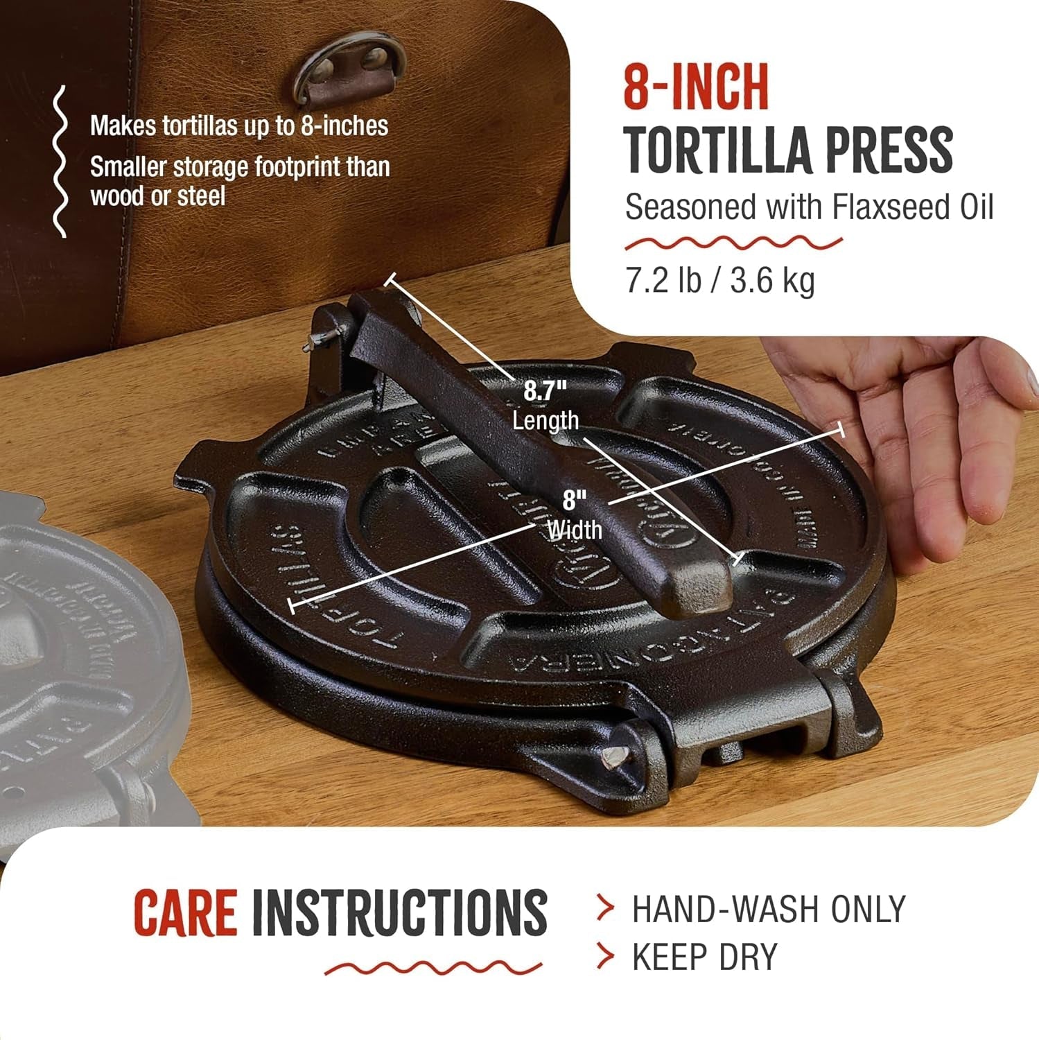 8 Inches Cast Iron Tortilla Press, Roti Maker and Tortilladora, Pataconera Seasoned with Flaxseed Oil, Made in Colombia