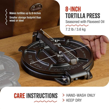 8 Inches Cast Iron Tortilla Press, Roti Maker and Tortilladora, Pataconera Seasoned with Flaxseed Oil, Made in Colombia