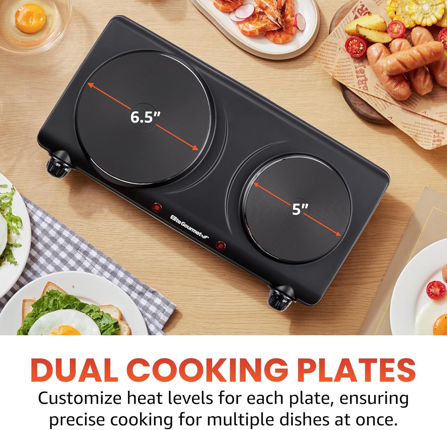 EDB-302BF# Countertop Double Cast Iron Burner, 1500 Watts Electric Hot Plate, Temperature Controls, Power Indicator Lights, Easy to Clean, Black