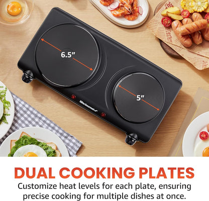 EDB-302BF# Countertop Double Cast Iron Burner, 1500 Watts Electric Hot Plate, Temperature Controls, Power Indicator Lights, Easy to Clean, Black