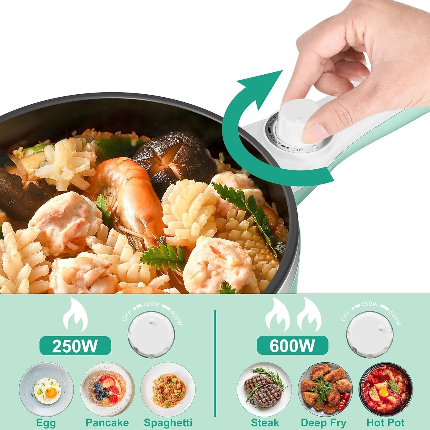 Hot Pot Electric Upgraded, Non-Stick Sauté Pan, Rapid Noodles Electric Pot, 1.5L Mini Portable Hot Pot for Steak, Egg, Fried Rice, Ramen, Oatmeal, Soup with Power Adjustment