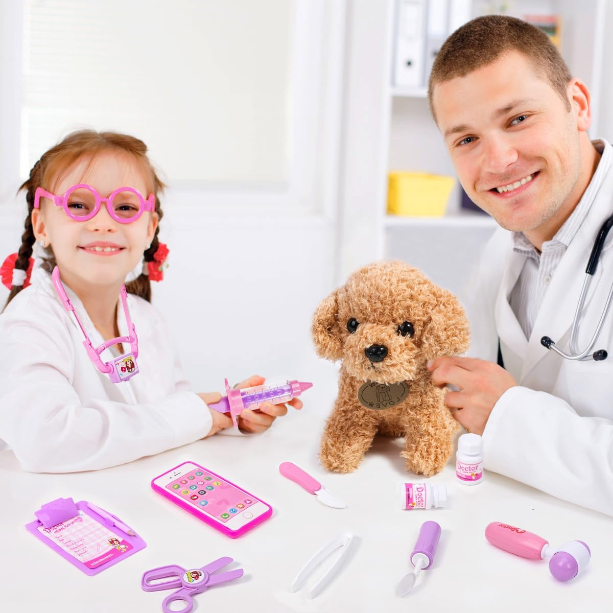 Meland Toy Doctor Kit for Girls - Pretend Play Doctor Set with Dog Toy, Carrying Bag, Stethoscope Toy & Dress Up Costume - Doctor Play Gift for Kids Toddlers Ages 3 4 5 6 Year Old for Role Play
