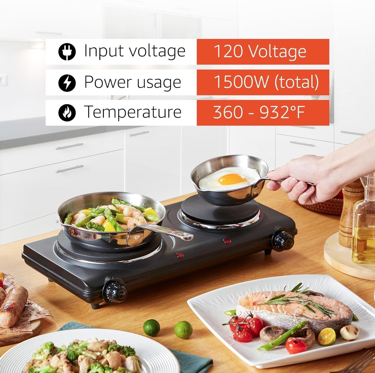 EDB-302BF# Countertop Double Cast Iron Burner, 1500 Watts Electric Hot Plate, Temperature Controls, Power Indicator Lights, Easy to Clean, Black
