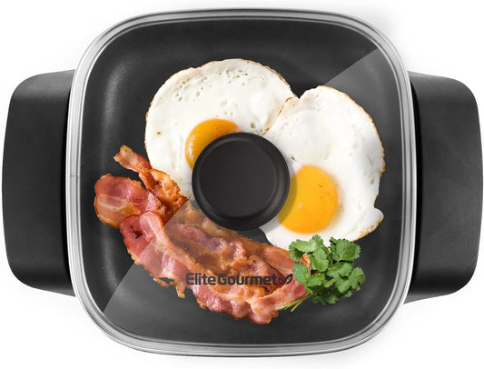 EG808 8” x 8" Non-stick Electric Skillet, Dishwasher Safe with Tempered Glass Vented Lid, Rapid Heat Up, 600W, Black