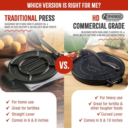 8 Inches Cast Iron Tortilla Press, Roti Maker and Tortilladora, Pataconera Seasoned with Flaxseed Oil, Made in Colombia