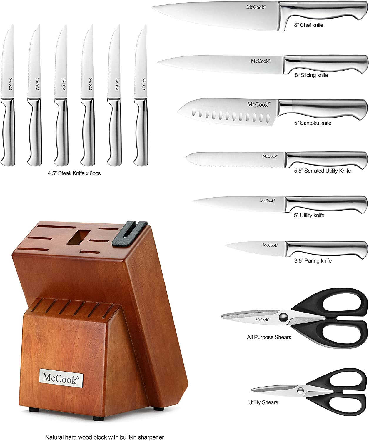 ® Knife Sets, German Stainless Steel Kitchen Knife Block Sets with Built-in Sharpener
