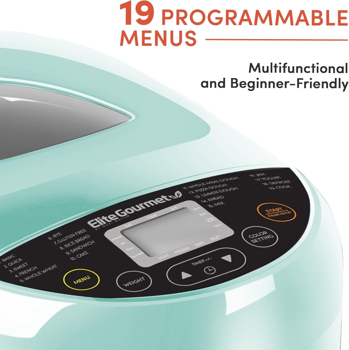 EBM8103M Programmable Bread Maker Machine 3 Loaf Sizes, 19 Menu Functions Gluten Free White Wheat Rye French and more, 2 Lbs, Mint