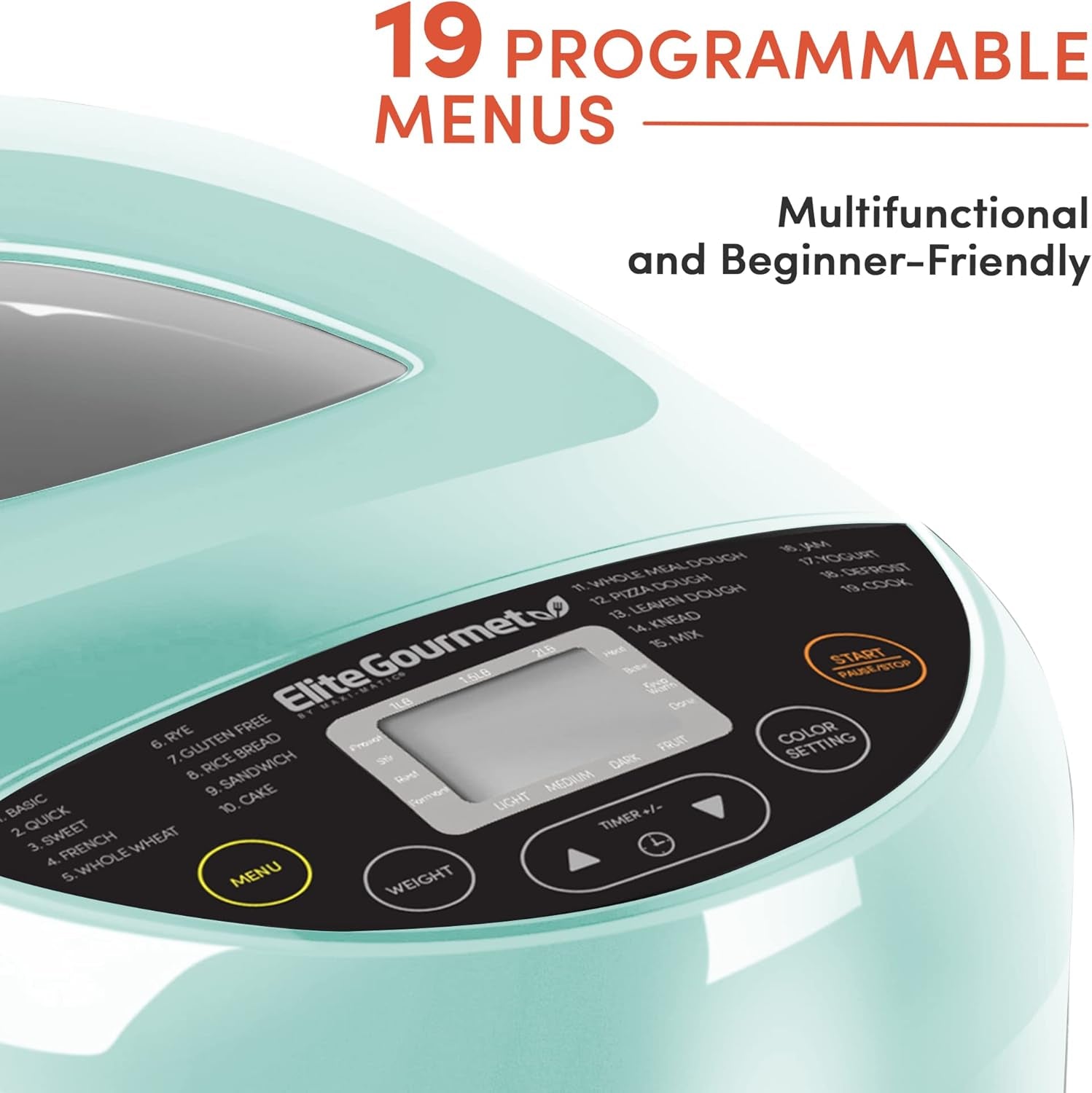 EBM8103M Programmable Bread Maker Machine 3 Loaf Sizes, 19 Menu Functions Gluten Free White Wheat Rye French and more, 2 Lbs, Mint