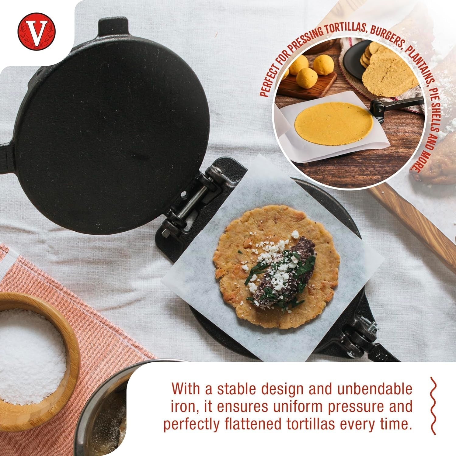 8 Inches Cast Iron Tortilla Press, Roti Maker and Tortilladora, Pataconera Seasoned with Flaxseed Oil, Made in Colombia