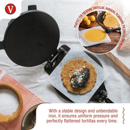 8 Inches Cast Iron Tortilla Press, Roti Maker and Tortilladora, Pataconera Seasoned with Flaxseed Oil, Made in Colombia