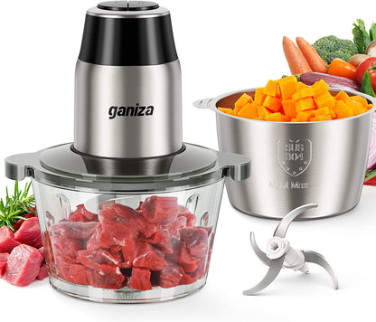 Food Processors, Electric Food Chopper with Meat Grinder & Vegetable Chopper - 2 Bowls (8 Cup+8 Cup) with Powerful 450W Copper Motor - Includes 2 Sets of Bi-Level Blades for Fruits/Meat/Nuts