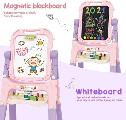 Art Easel for Kids, Adjustable Standing Rotatable Double Sided Easel with Painting Accessories for Toddlers Boys and Girls-Pink