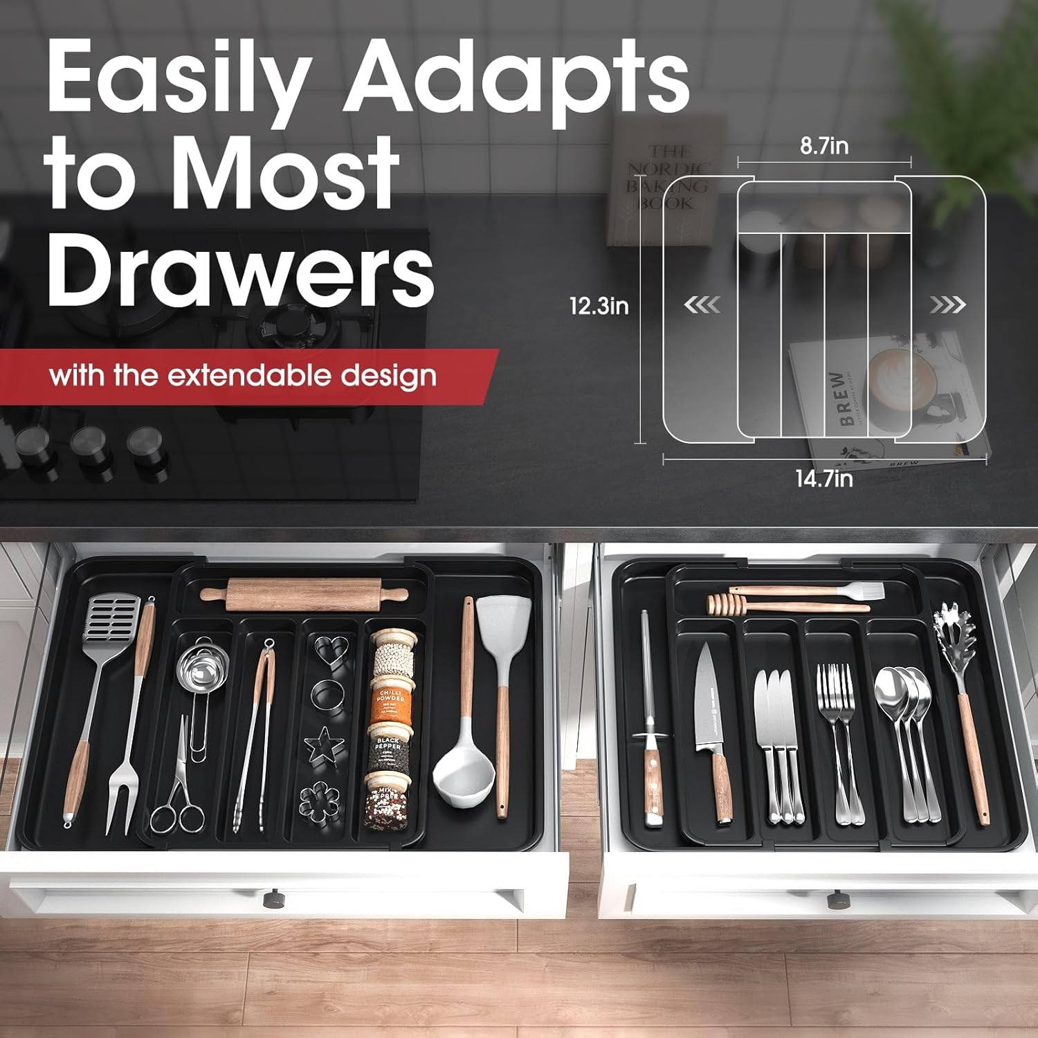 Silverware Organizer - Expandable Kitchen Drawer Organizer, Adjustable Utensil Organizer, Cutlery Tray for Forks, Knives, Multipurpose Kitchen Organizers and Storage Solution, Black, Medium