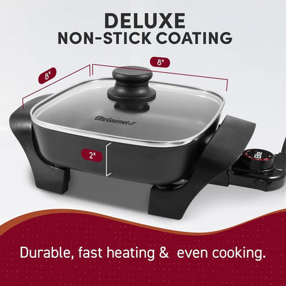 EG808 8” x 8" Non-stick Electric Skillet, Dishwasher Safe with Tempered Glass Vented Lid, Rapid Heat Up, 600W, Black