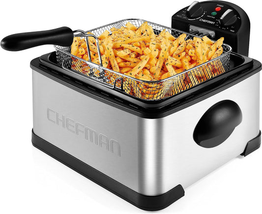 4.5 Liter Deep Fryer w/Basket Strainer, XL Jumbo Size, Adjustable Temperature & Timer, Perfect for Fried Chicken, Shrimp, French Fries, Chips & More, Removable Oil-Container, Stainless Steel