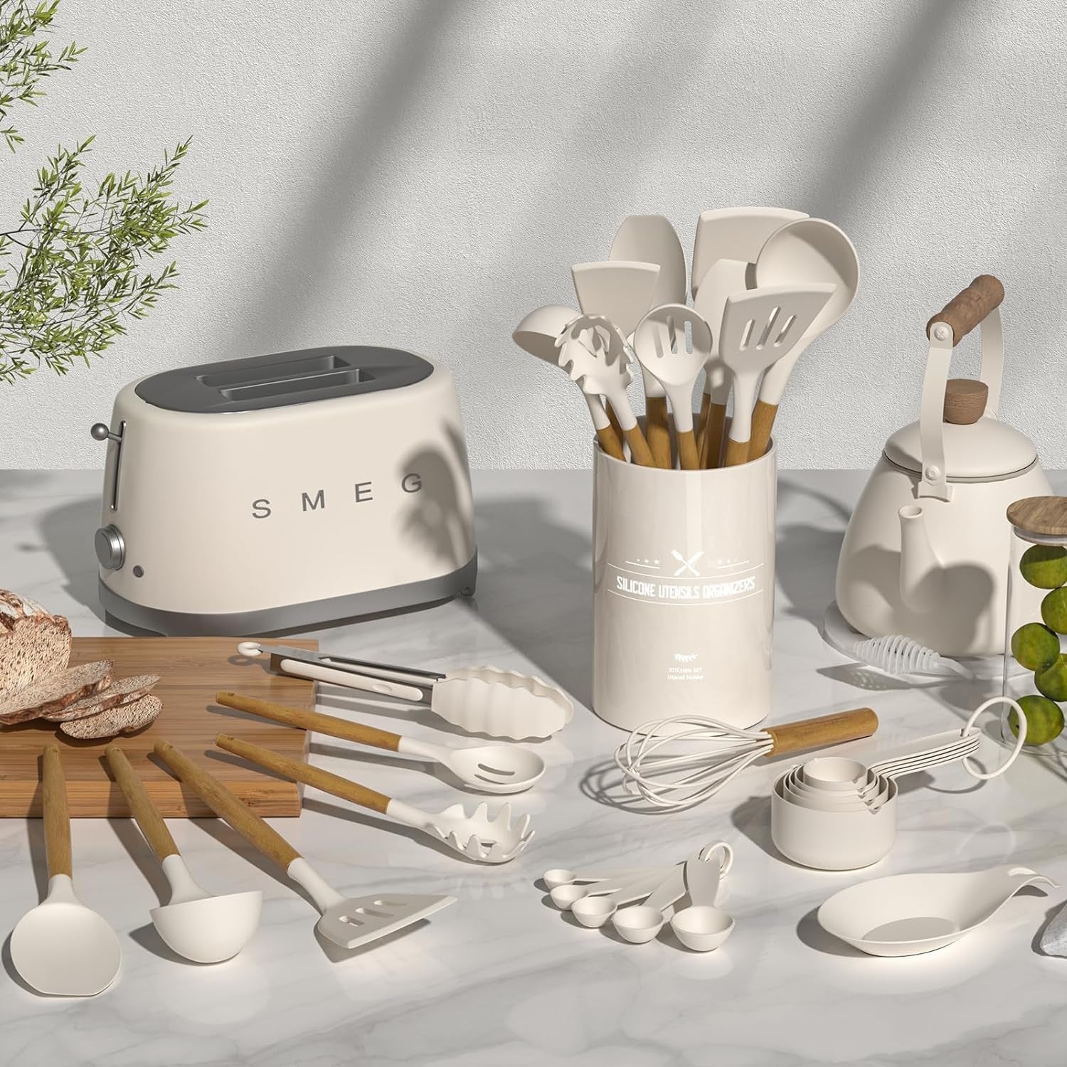 Kitchen Cooking Utensils Set, 33 pcs Non-Stick Silicone Cooking Kitchen Utensils Spatula Set with Holder, Wooden Handle Silicone Kitchen Gadgets Utensil Set (Khaki)