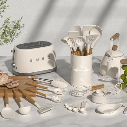 Kitchen Cooking Utensils Set, 33 pcs Non-Stick Silicone Cooking Kitchen Utensils Spatula Set with Holder, Wooden Handle Silicone Kitchen Gadgets Utensil Set (Khaki)