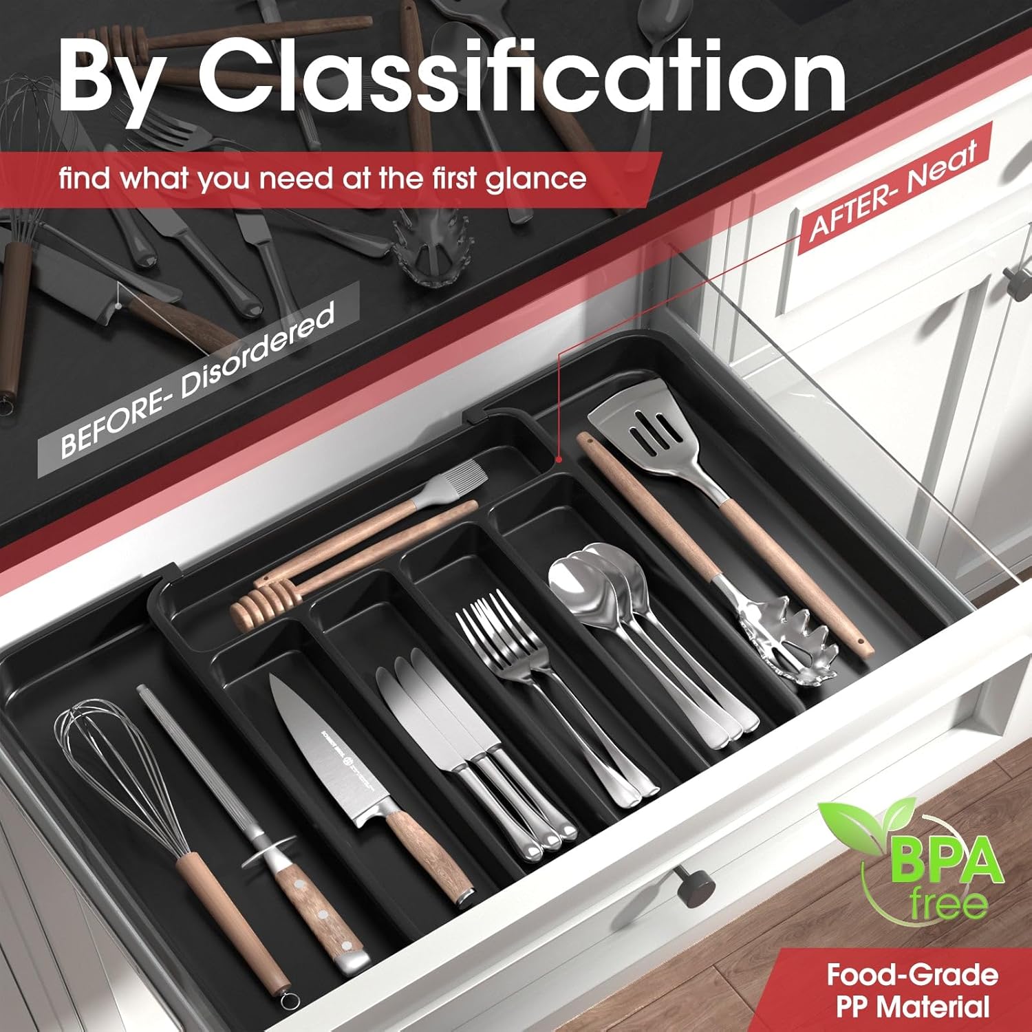Silverware Organizer - Expandable Kitchen Drawer Organizer, Adjustable Utensil Organizer, Cutlery Tray for Forks, Knives, Multipurpose Kitchen Organizers and Storage Solution, Black, Medium