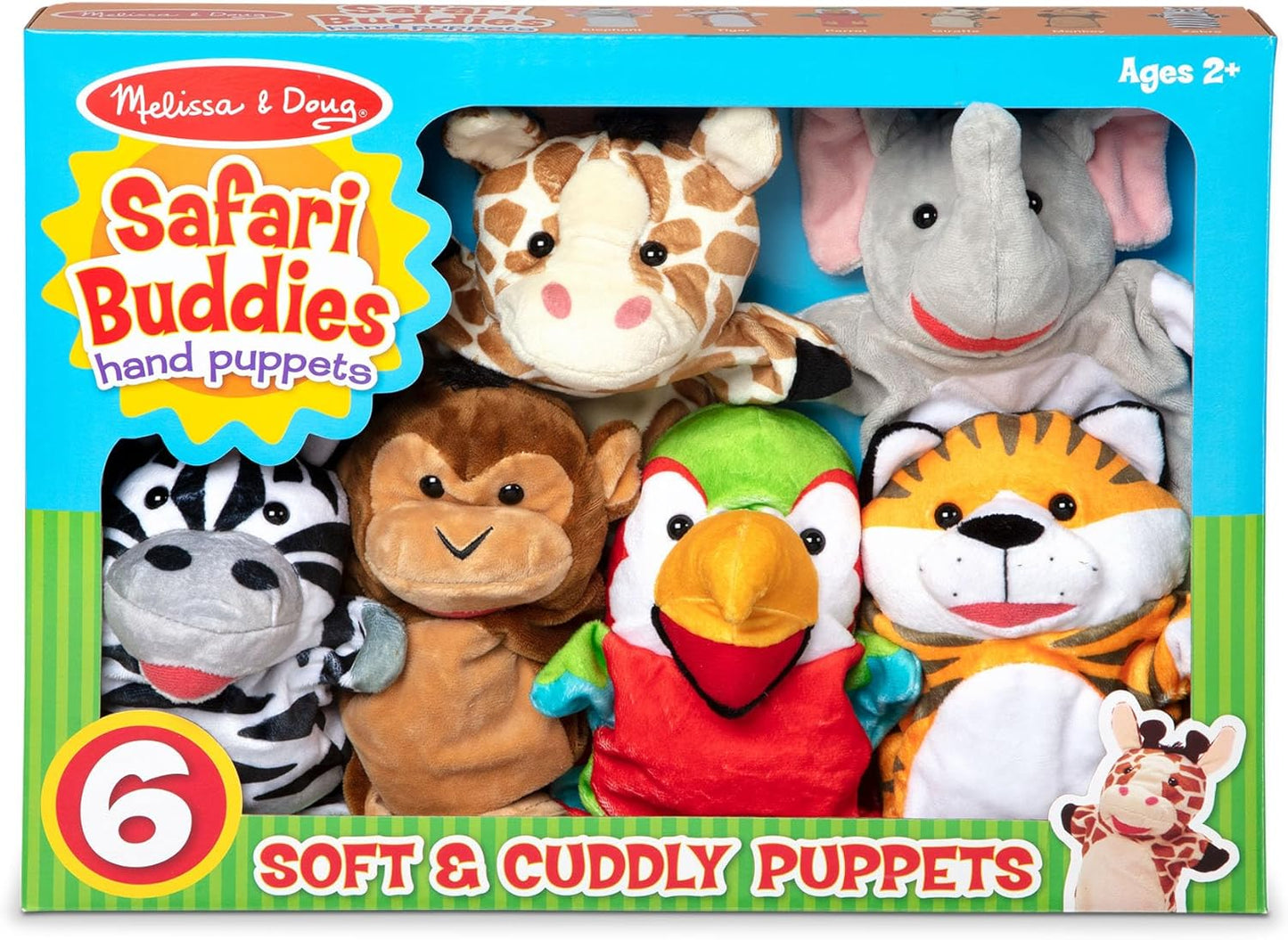 Melissa & Doug Safari Buddies Hand Puppets, Set of 6 (Elephant, Tiger, Parrot, Giraffe, Monkey, Zebra) Soft, Plush Animal Hand Puppets For Toddlers And Kids Ages 2+