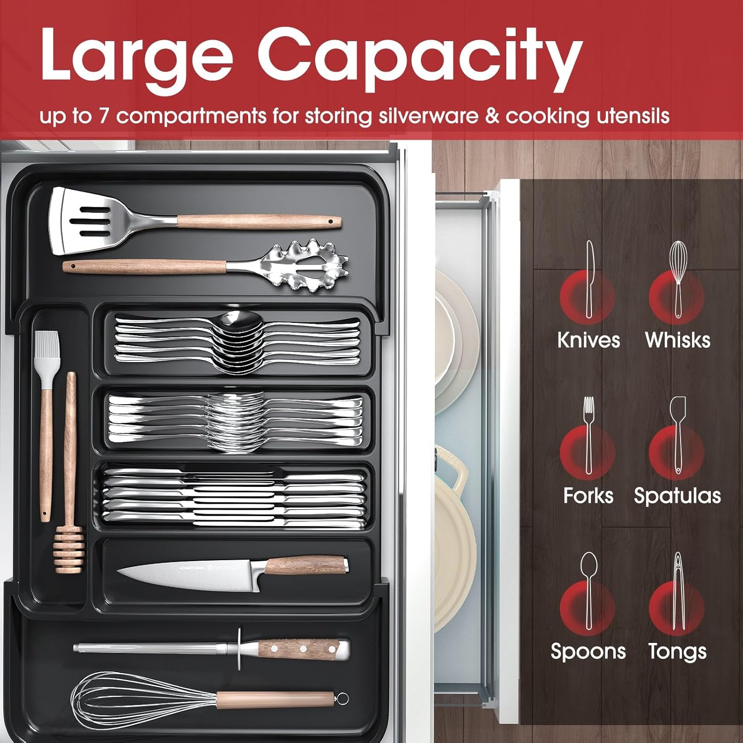 Silverware Organizer - Expandable Kitchen Drawer Organizer, Adjustable Utensil Organizer, Cutlery Tray for Forks, Knives, Multipurpose Kitchen Organizers and Storage Solution, Black, Medium