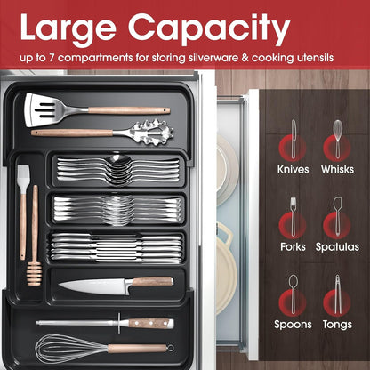 Silverware Organizer - Expandable Kitchen Drawer Organizer, Adjustable Utensil Organizer, Cutlery Tray for Forks, Knives, Multipurpose Kitchen Organizers and Storage Solution, Black, Medium