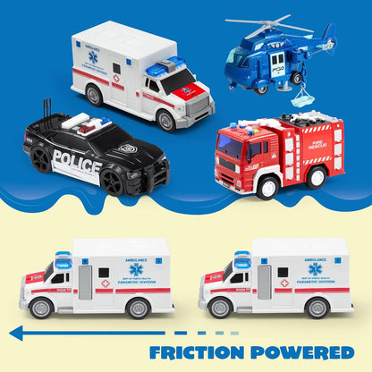JOYIN 4 Packs Emergency Vehicle Toy Playsets, Friction Powered Vehicles with Light and Sound, Including Fire Truck, Ambulance, Play Police Car and Helicopter, Christmas Toddler Kids Boys Gifts