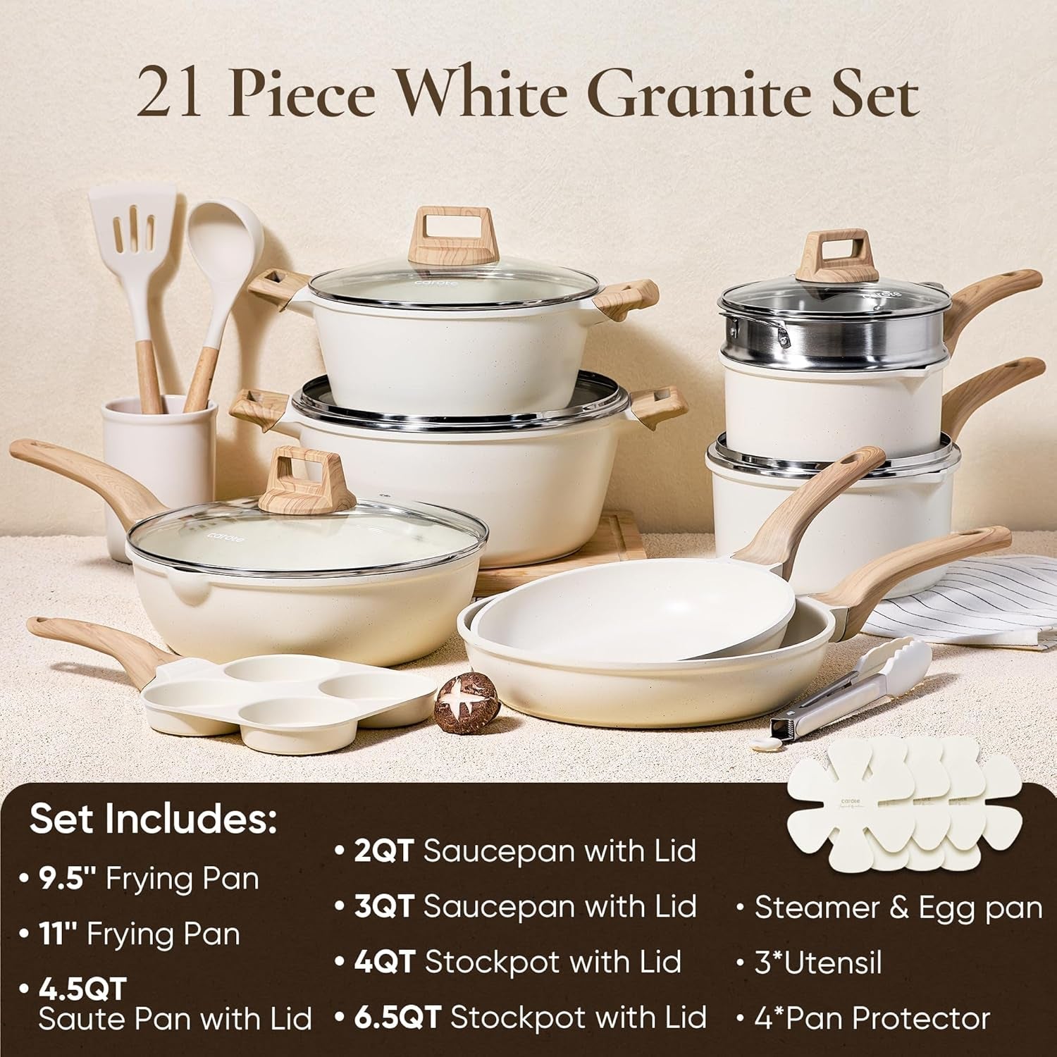 21Pcs Pots and Pans Set, Nonstick Cookware Sets, White Granite Induction Cookware Non Stick Cooking Set w/Frying Pans & Saucepans(PFOS, PFOA Free)