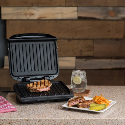 4-Serving Removable Plate Electric Grill and Panini Press, George Tough Non-Stick Coating, Drip Tray Catches Grease, Black