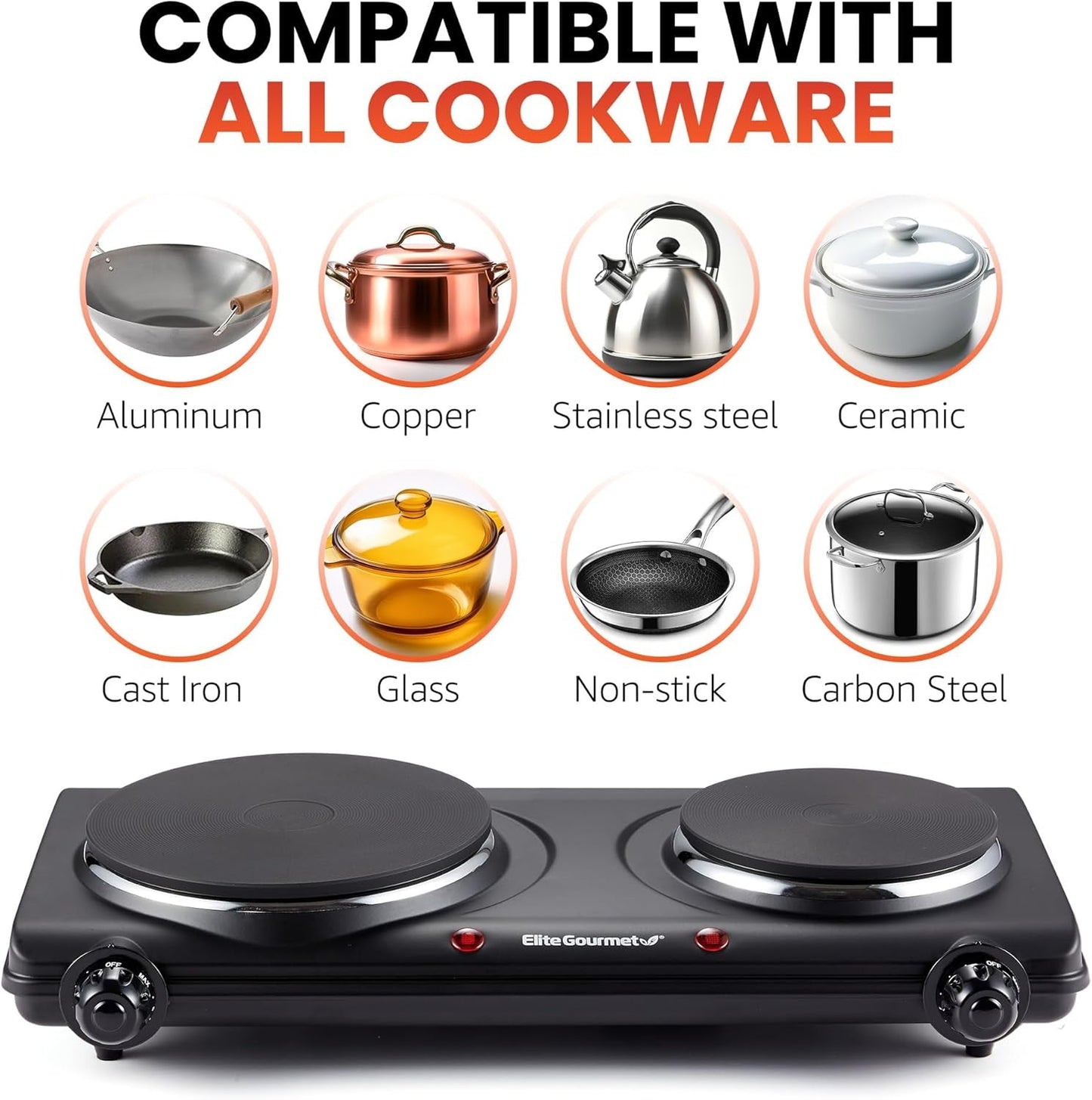 EDB-302BF# Countertop Double Cast Iron Burner, 1500 Watts Electric Hot Plate, Temperature Controls, Power Indicator Lights, Easy to Clean, Black