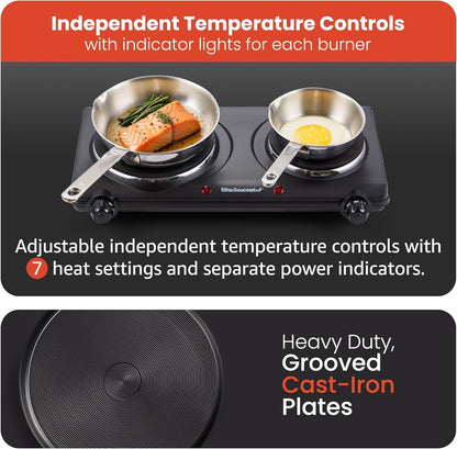 EDB-302BF# Countertop Double Cast Iron Burner, 1500 Watts Electric Hot Plate, Temperature Controls, Power Indicator Lights, Easy to Clean, Black