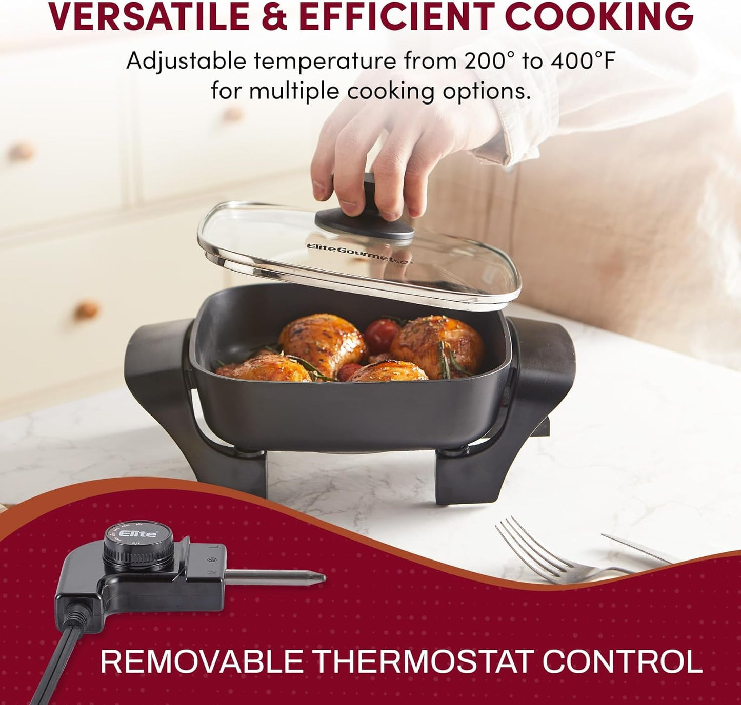 EG808 8” x 8" Non-stick Electric Skillet, Dishwasher Safe with Tempered Glass Vented Lid, Rapid Heat Up, 600W, Black