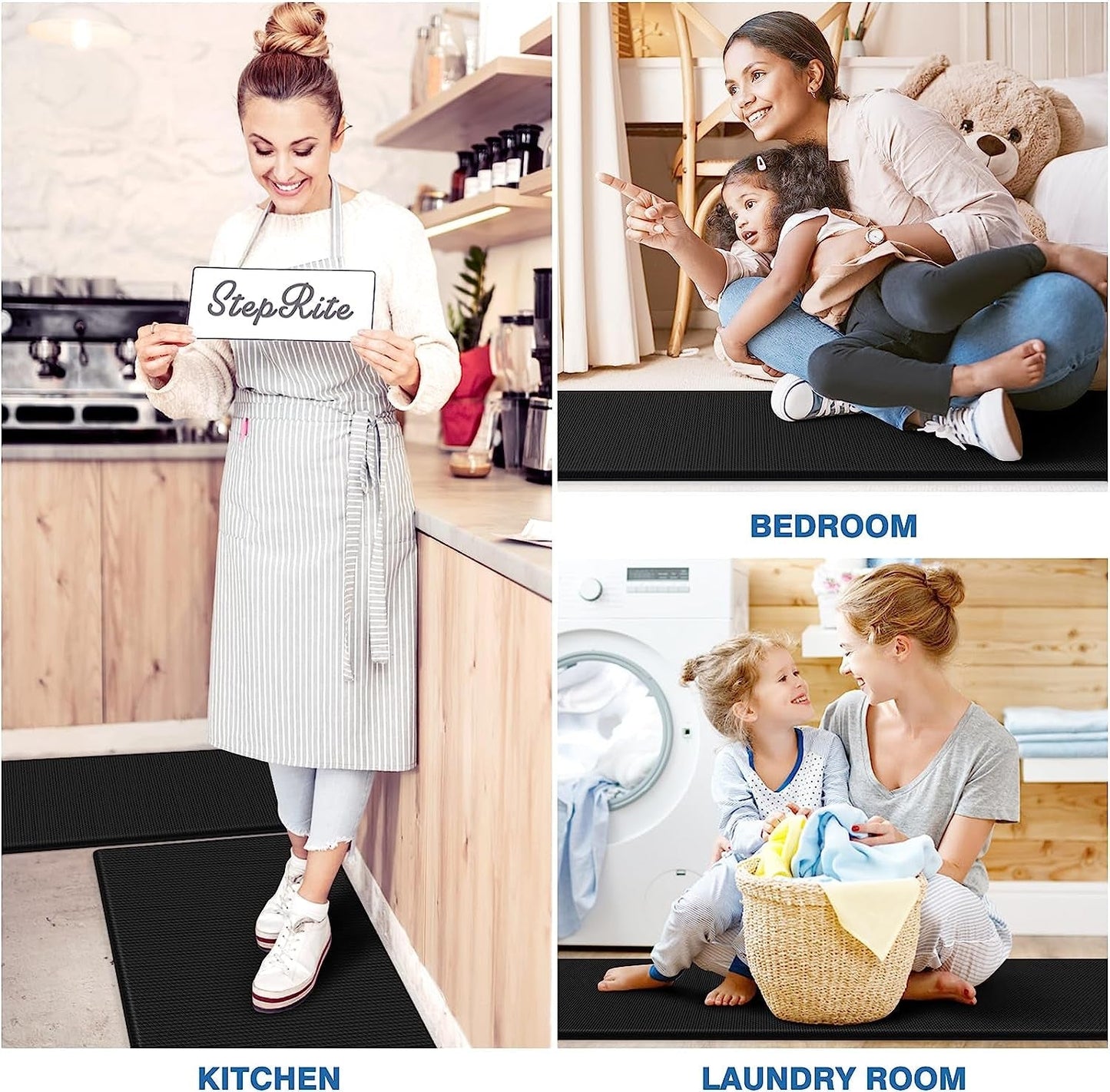 Kitchen Mats, 2PCS Kitchen Rugs, Cushioned Anti Fatigue Kitchen Mats for Floor, Non-Slip Standing Desk Mat, Waterproof Kitchen Rug Set for Kitchen, Floor, Office, 17.3"x30"+17.3"x47", Black