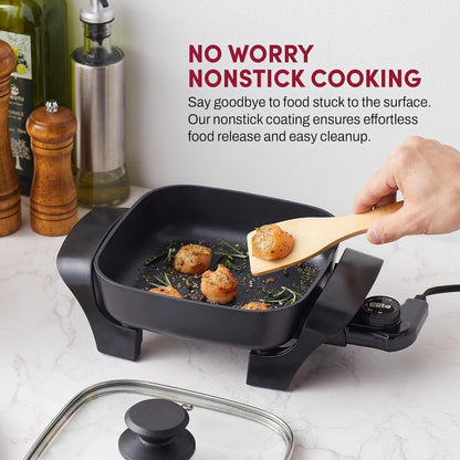 EG808 8” x 8" Non-stick Electric Skillet, Dishwasher Safe with Tempered Glass Vented Lid, Rapid Heat Up, 600W, Black