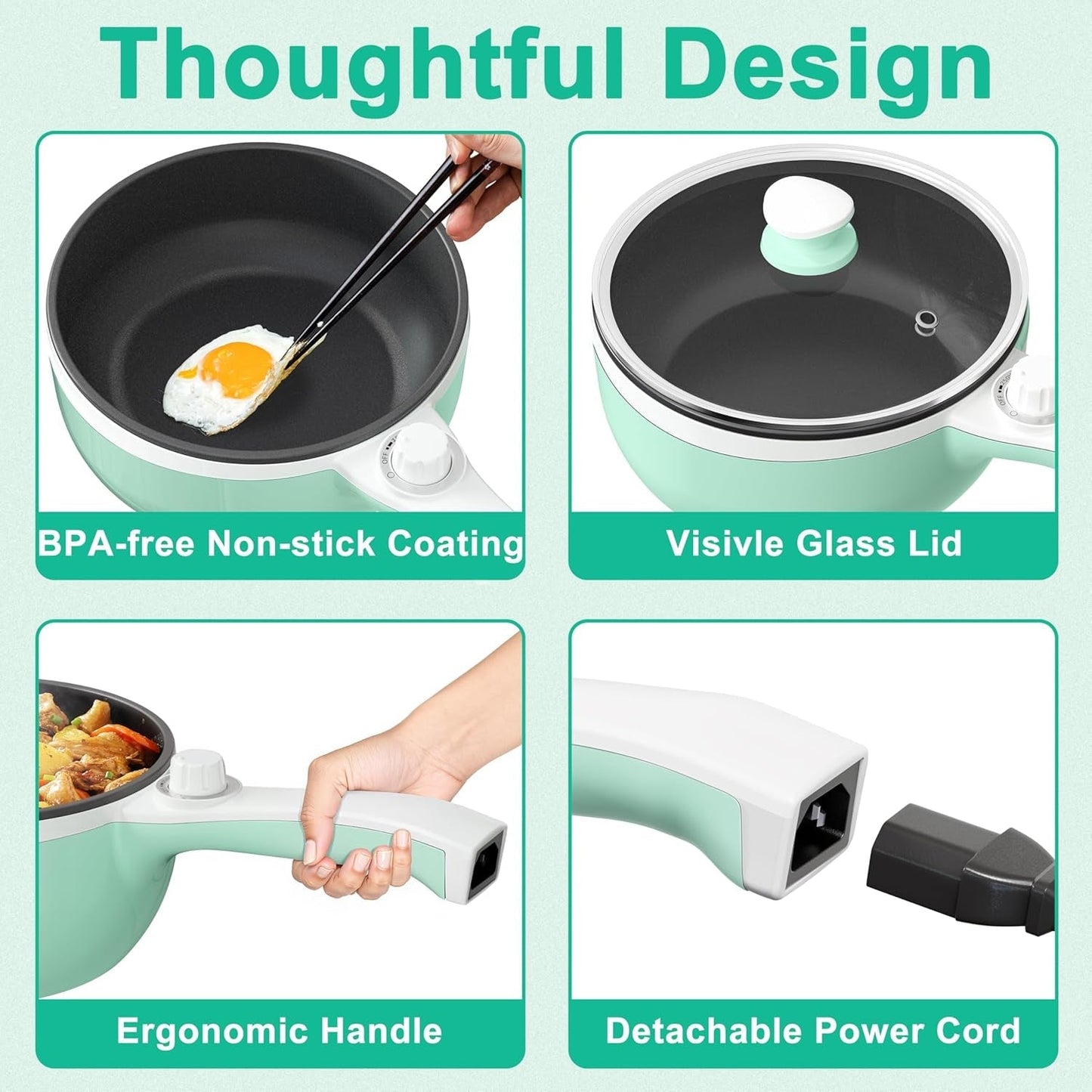 Hot Pot Electric Upgraded, Non-Stick Sauté Pan, Rapid Noodles Electric Pot, 1.5L Mini Portable Hot Pot for Steak, Egg, Fried Rice, Ramen, Oatmeal, Soup with Power Adjustment