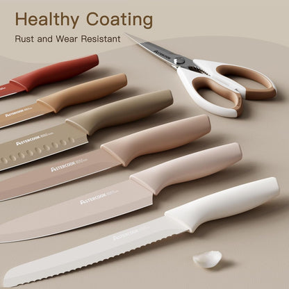 Knife Set, 13 Pieces Kitchen Knives Set with Healthy Anti-Rust Coating, Dishwasher Safe, Stainless Steel Chef Knife Sets with 6 Blade Guards, Perfect Holiday Gifts for Kitchen