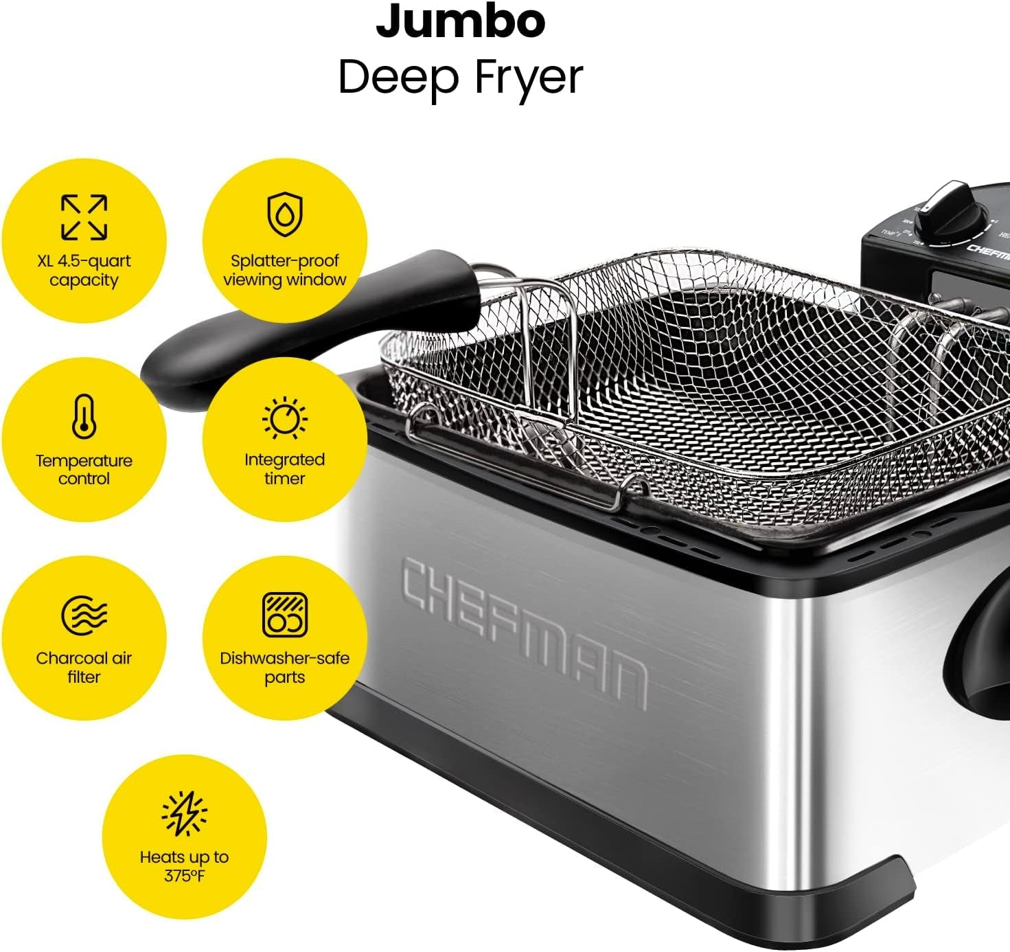 4.5 Liter Deep Fryer w/Basket Strainer, XL Jumbo Size, Adjustable Temperature & Timer, Perfect for Fried Chicken, Shrimp, French Fries, Chips & More, Removable Oil-Container, Stainless Steel