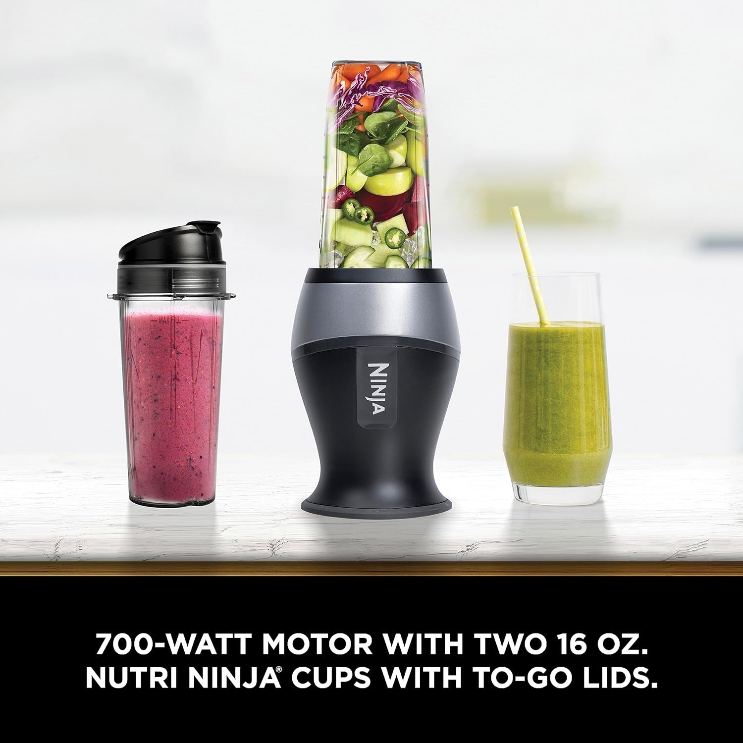 Fit Compact Personal Blender, Portable Blender for-Smoothies, Shakes, Food Prep, and Frozen Blending, 700-Watt Base, (2) 16-oz. Cups and Spout Lids, Black QB3001SS