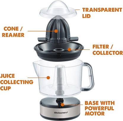 ETS623 BPA-Free Electric Citrus Juicer, Compact, Large Volume, Pulp Control, Oranges, Lemons, Limes, Grapefruits with Easy Pour Spout, 24oz, Black/Stainless Steel