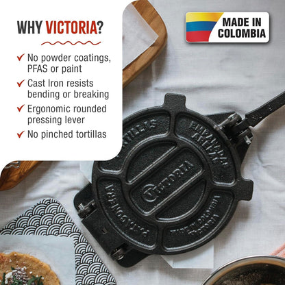 8 Inches Cast Iron Tortilla Press, Roti Maker and Tortilladora, Pataconera Seasoned with Flaxseed Oil, Made in Colombia