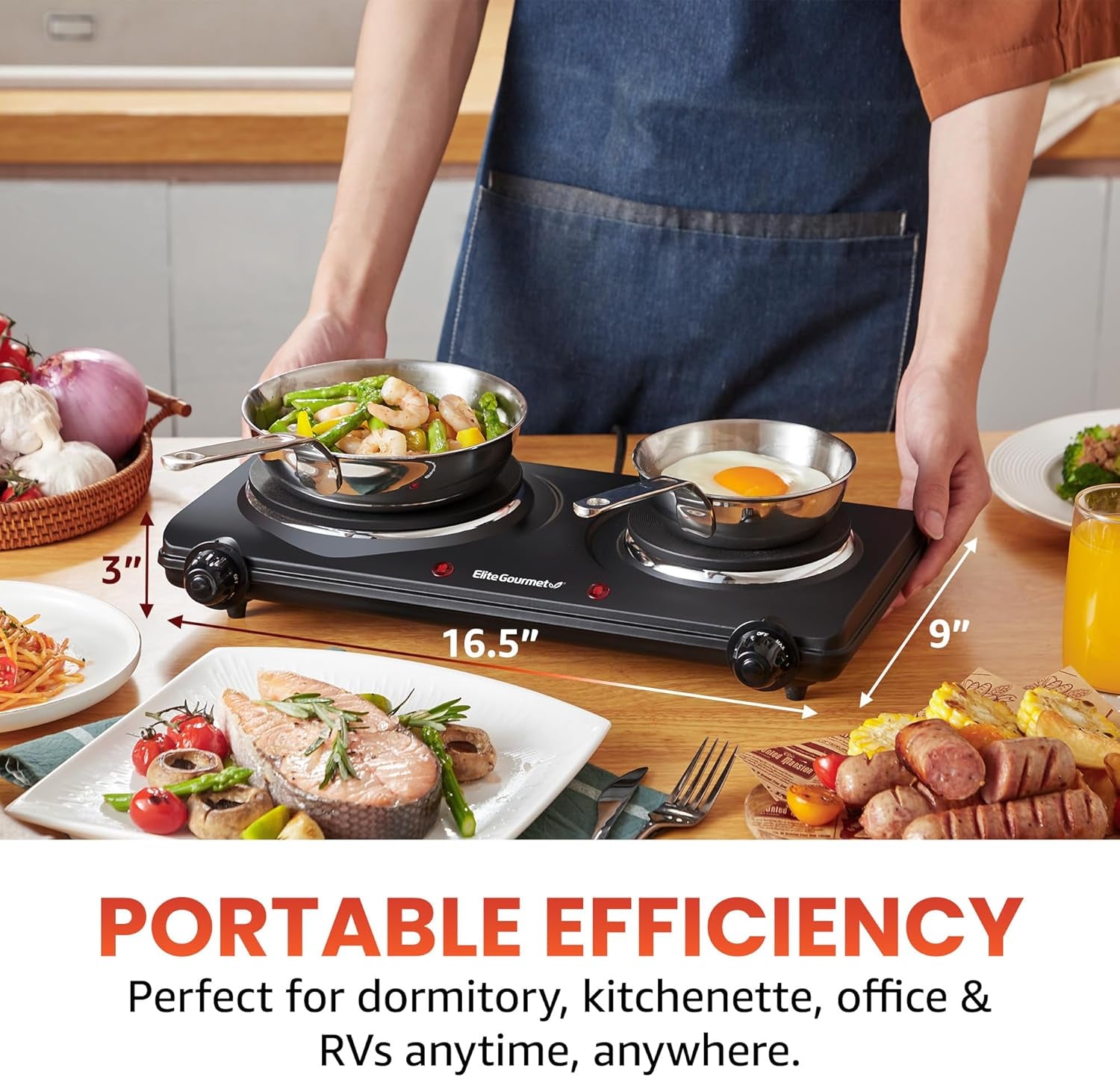 EDB-302BF# Countertop Double Cast Iron Burner, 1500 Watts Electric Hot Plate, Temperature Controls, Power Indicator Lights, Easy to Clean, Black